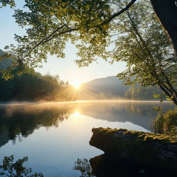 晨曦湖畔，雾气缭绕