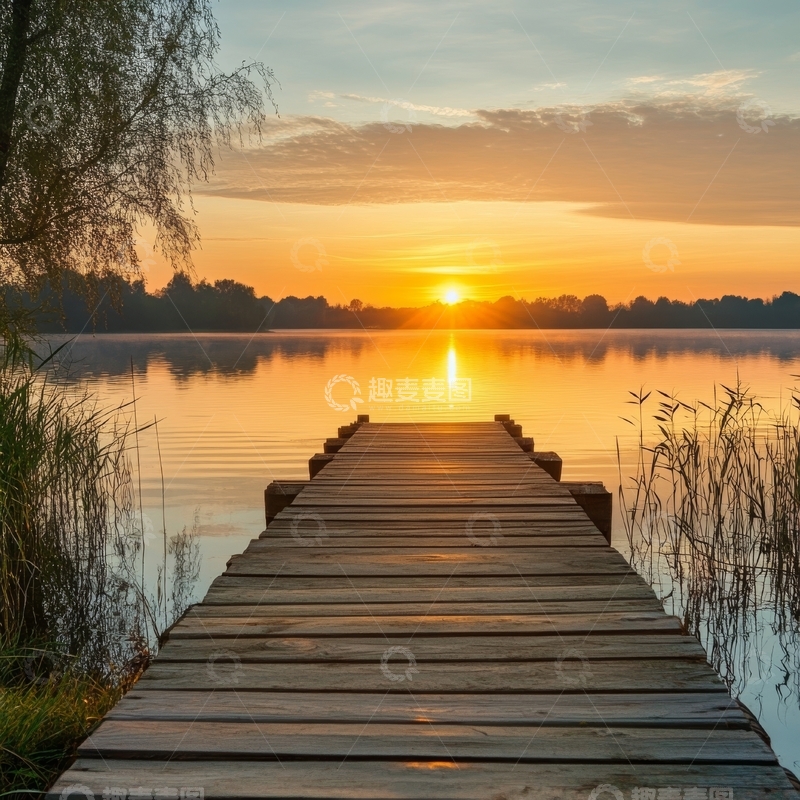 高清大图下载【趣麦麦图】日落时分的湖畔木栈道