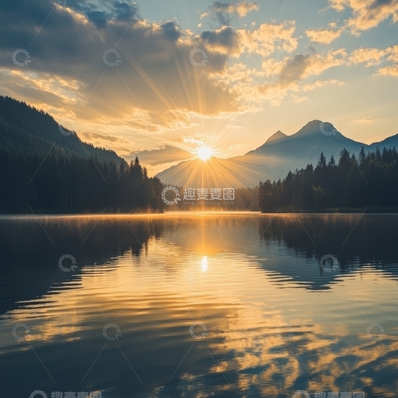 高清大图下载【趣麦麦图】湖畔日出，山林倒影
