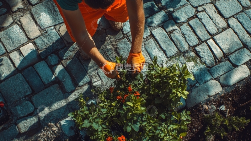 高清大图下载【趣麦麦图】园丁在石板路上种植花卉