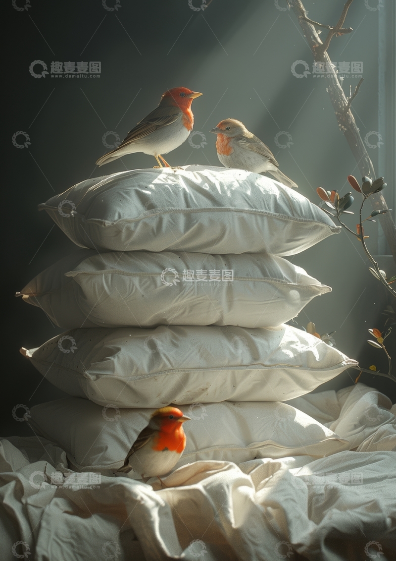 高清大图下载【趣麦麦图】小鸟栖息于叠放的枕头之上