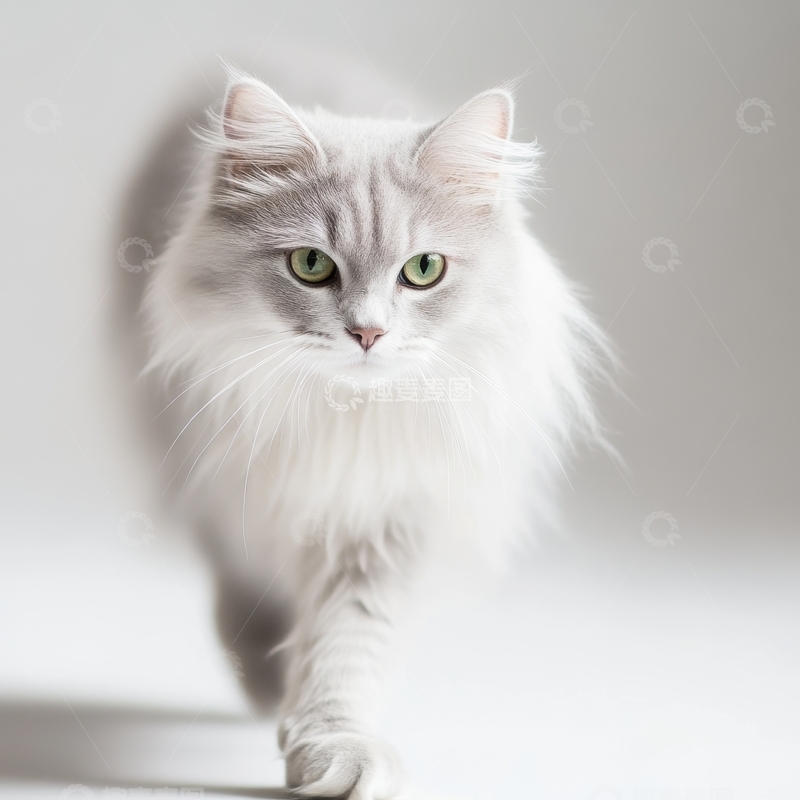 高清大图下载【趣麦麦图】长毛灰白猫的优雅姿态