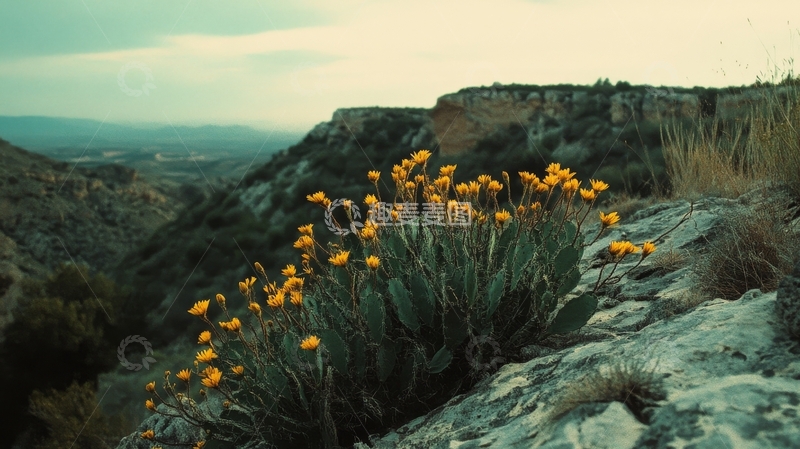 高清大图下载【趣麦麦图】岩缝中的仙人掌与黄花