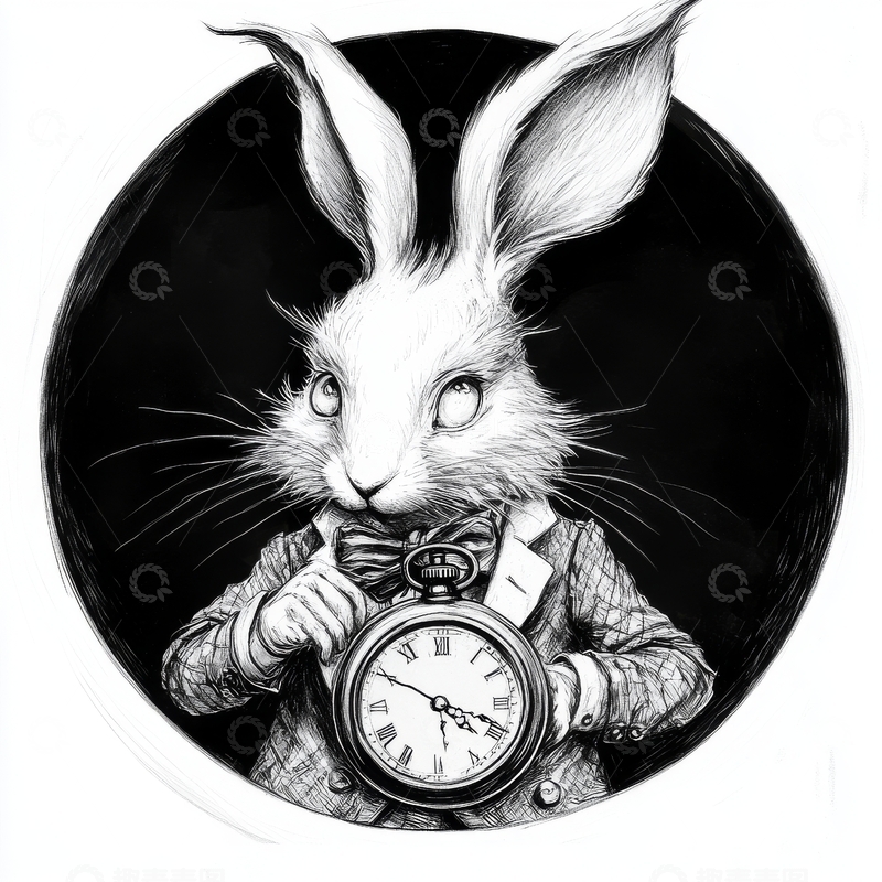 高清大图下载【趣麦麦图】穿西装的兔子手持怀表