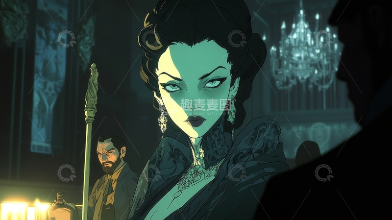 高清大图下载【趣麦麦图】神秘女子在华丽室内与男子对话