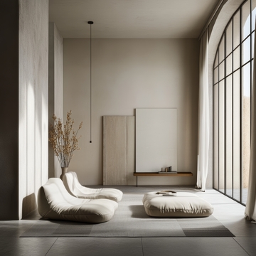 简约现代室内设计，阳光透过大窗洒落