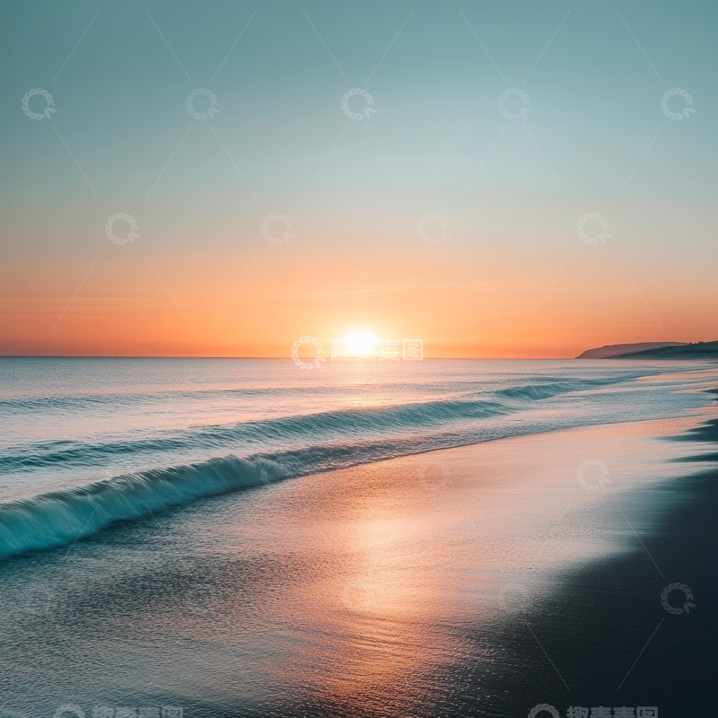 高清大图下载【趣麦麦图】日落海滩，波浪轻拍沙滩