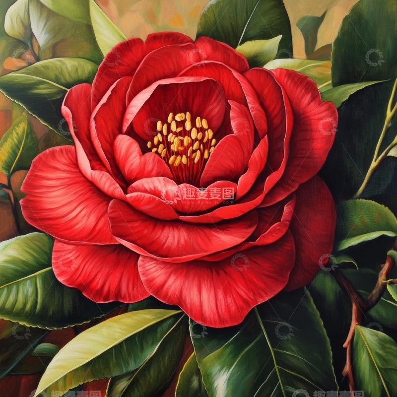 高清大图下载【趣麦麦图】红色山茶花的细腻描绘