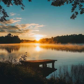 湖畔日出，雾气缭绕