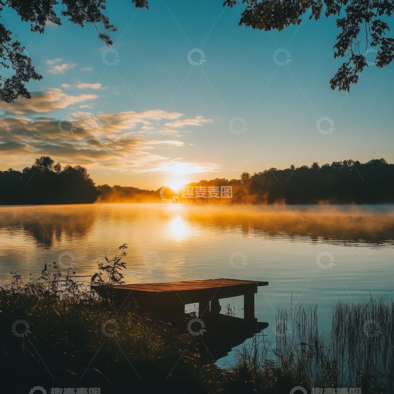 高清大图下载【趣麦麦图】湖畔日出，雾气缭绕