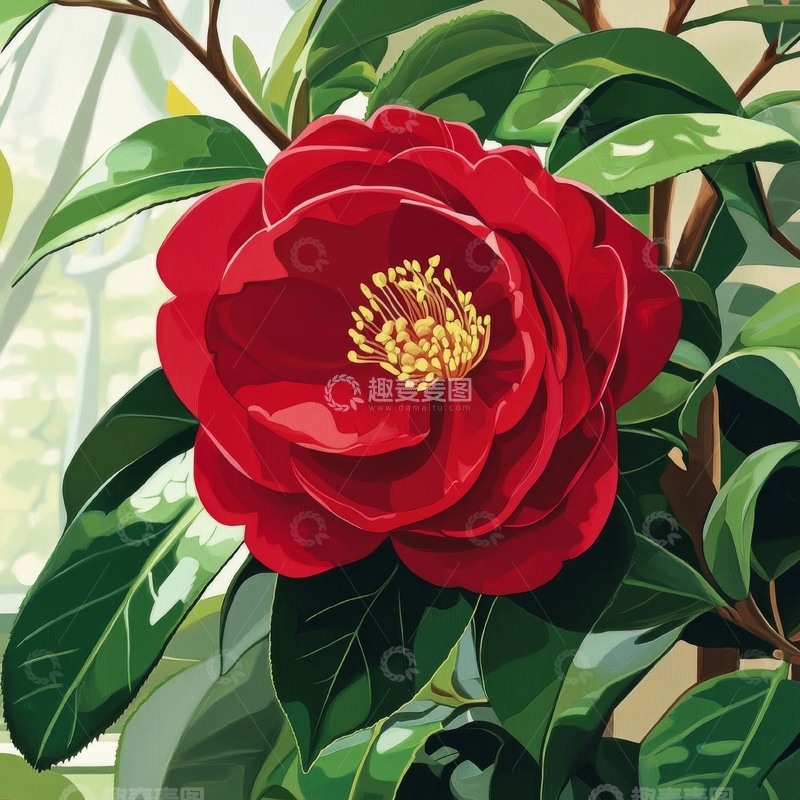 高清大图下载【趣麦麦图】红色山茶花与绿叶的自然景象