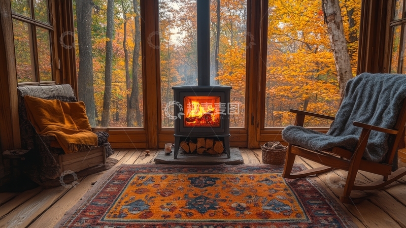 高清大图下载【趣麦麦图】秋日林间小屋，壁炉温暖如春
