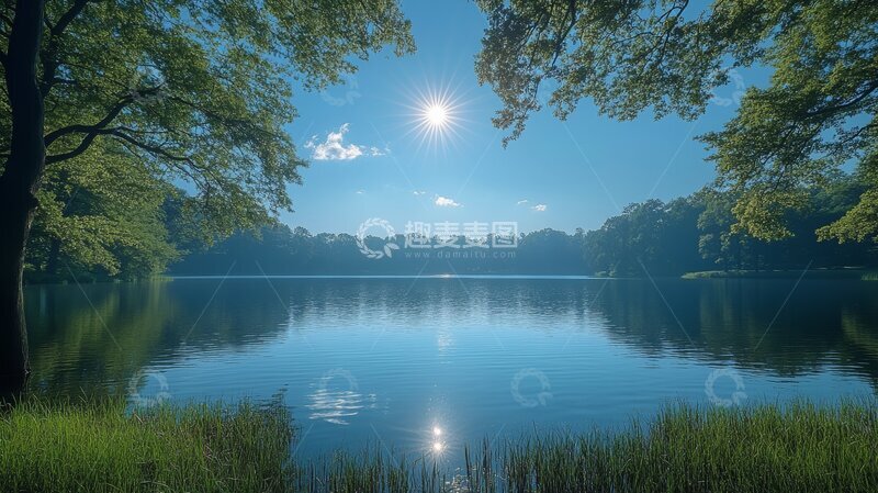 高清大图下载【趣麦麦图】宁静湖畔，阳光穿透树梢