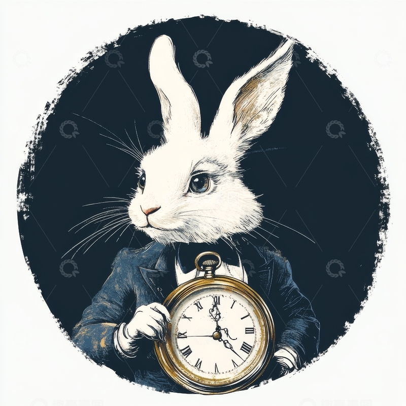 高清大图下载【趣麦麦图】穿西装的兔子手持怀表