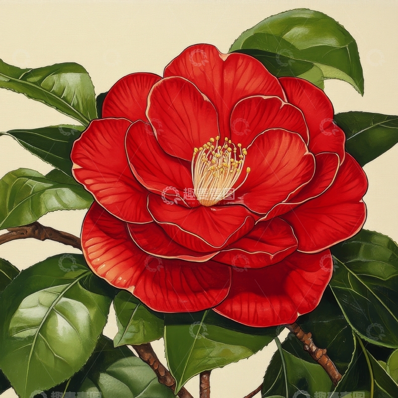 高清大图下载【趣麦麦图】红色山茶花的细腻描绘
