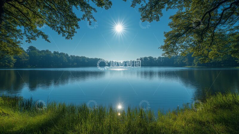 高清大图下载【趣麦麦图】湖畔清晨，阳光穿透树梢