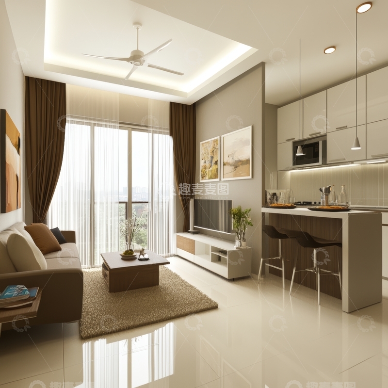 高清大图下载【趣麦麦图】现代简约客厅与开放式厨房设计