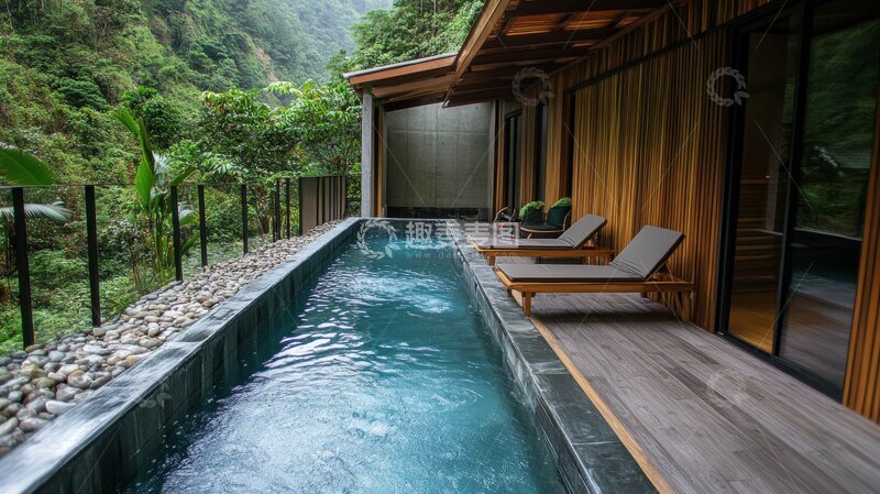 高清大图下载【趣麦麦图】山林中的现代泳池与休闲躺椅