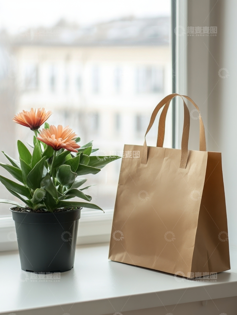 高清大图下载【趣麦麦图】窗台上的纸袋与盆栽