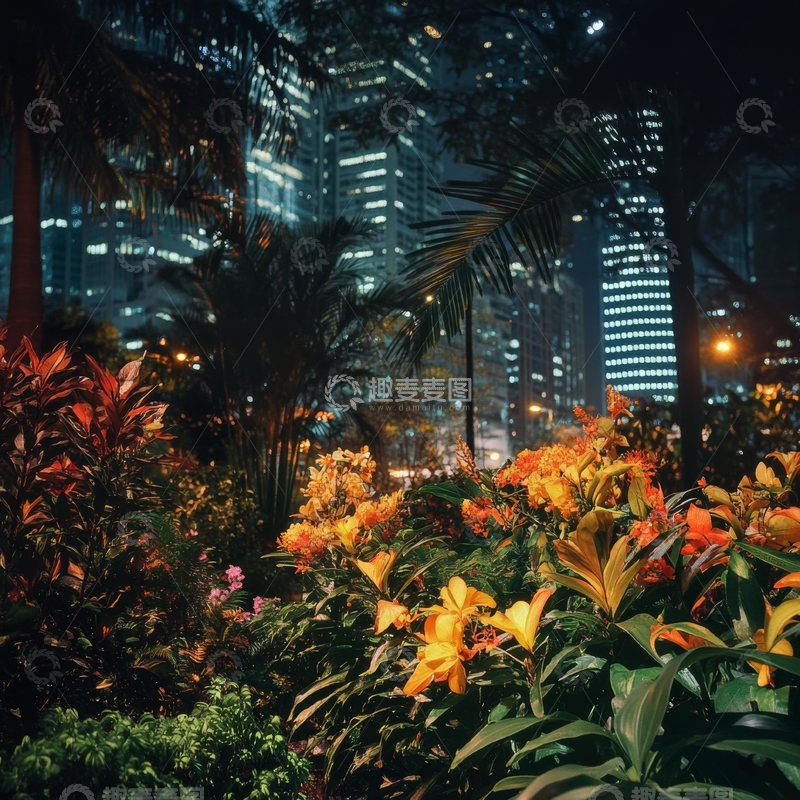 高清大图下载【趣麦麦图】夜景中的热带花园
