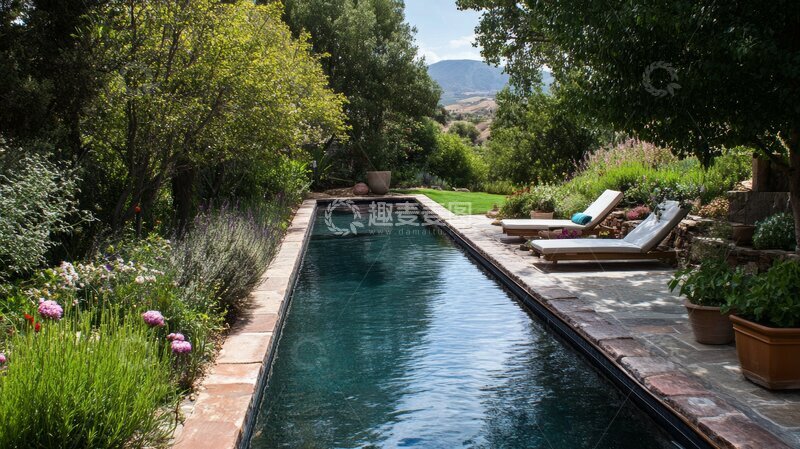 高清大图下载【趣麦麦图】宁静的泳池花园，绿树环绕