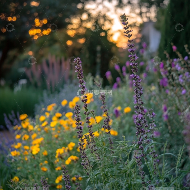 高清大图下载【趣麦麦图】花园中的紫色与黄色花朵
