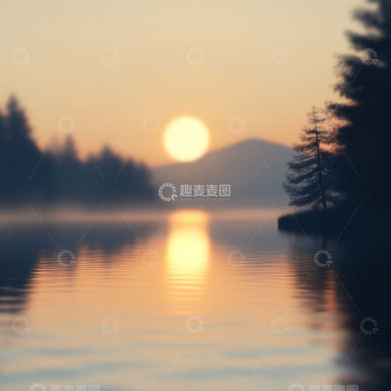 高清大图下载【趣麦麦图】湖面日出，晨雾缭绕