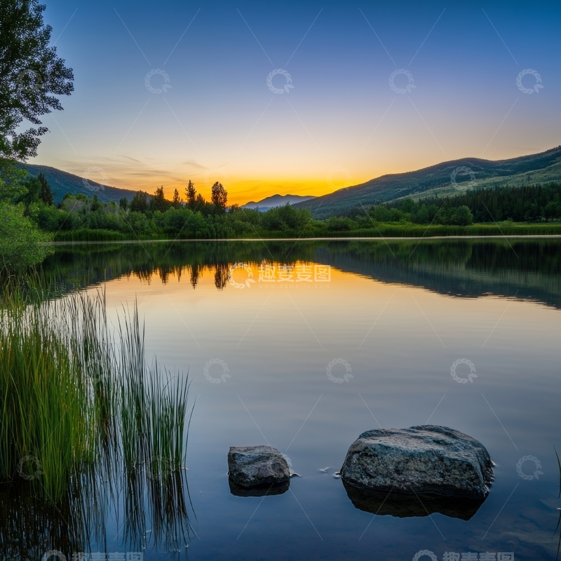 高清大图下载【趣麦麦图】湖畔日落，静谧山景倒影