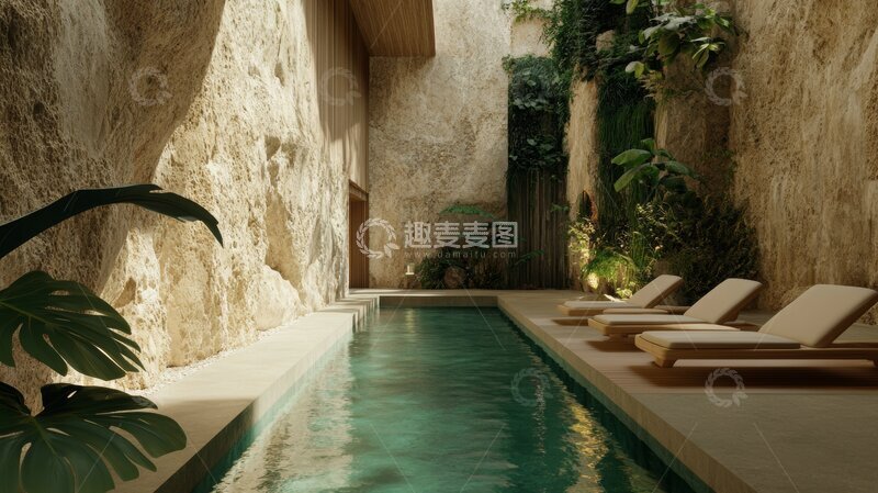 高清大图下载【趣麦麦图】室内泳池与绿植环绕的休闲空间