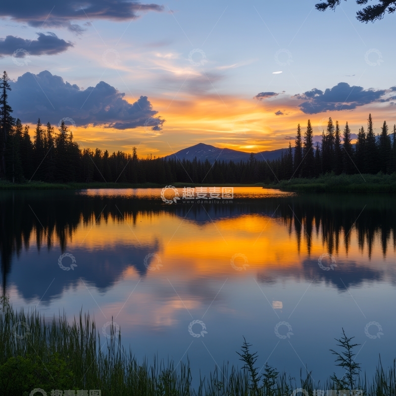 高清大图下载【趣麦麦图】湖畔日落，山影倒映
