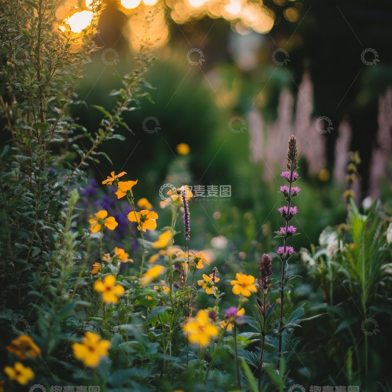 高清大图下载【趣麦麦图】黄昏花园中的多彩野花