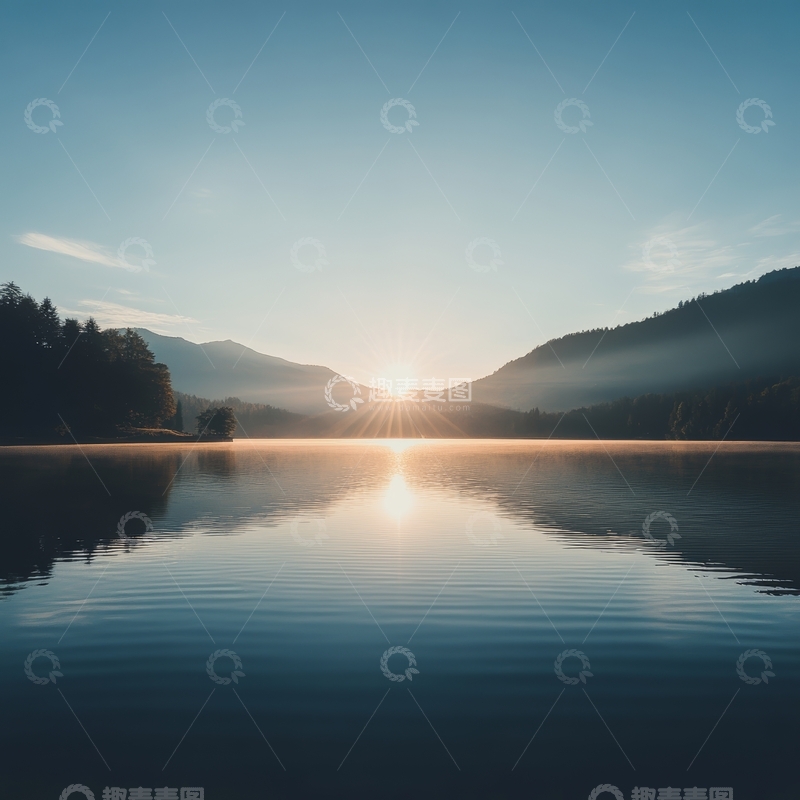 高清大图下载【趣麦麦图】湖面日出，山峦静谧