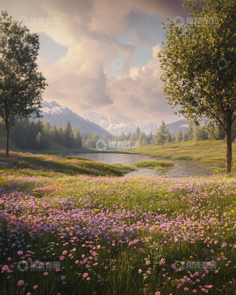 高清大图下载【趣麦麦图】山间花海与溪流