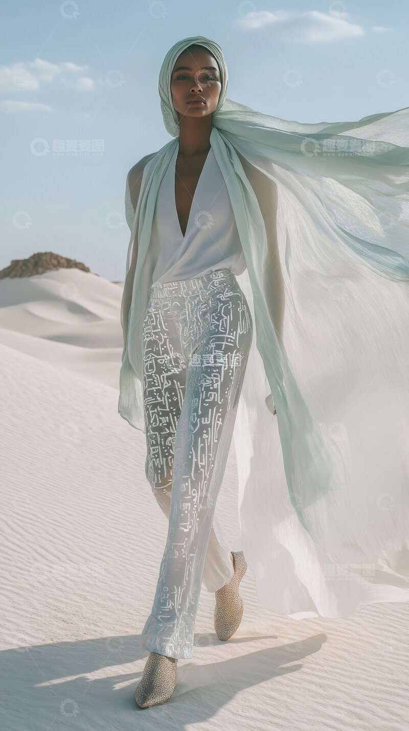高清大图下载【趣麦麦图】沙漠中身披轻纱的女性