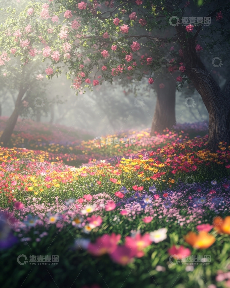 高清大图下载【趣麦麦图】花海森林，晨光中的梦幻景色
