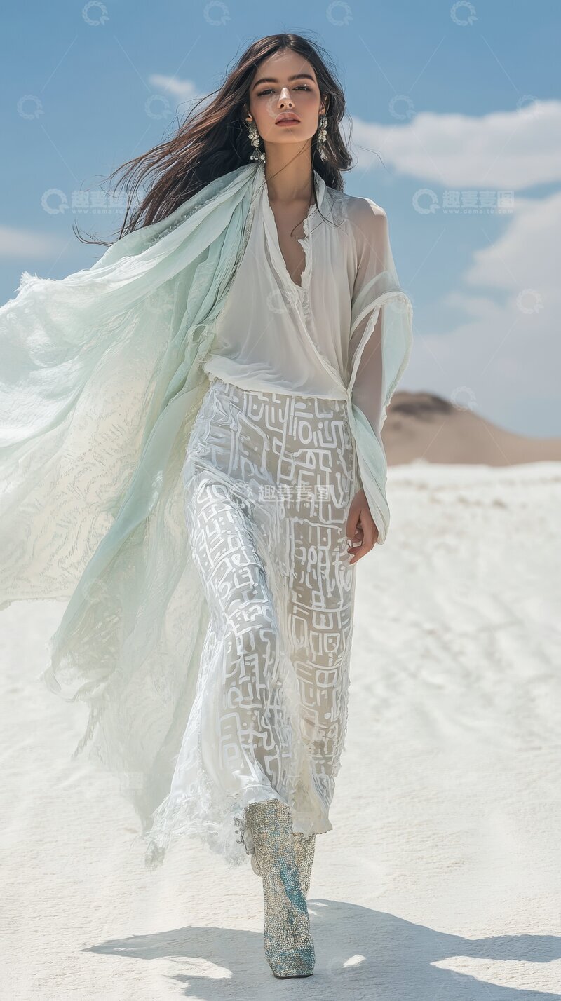 高清大图下载【趣麦麦图】沙漠中行走的女性，身着飘逸服饰