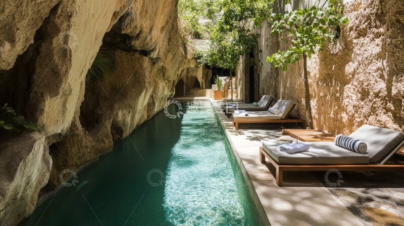 高清大图下载【趣麦麦图】岩洞泳池与躺椅的宁静场景
