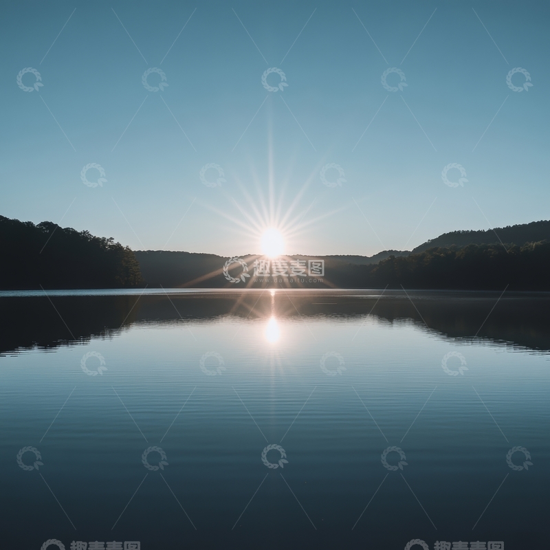 高清大图下载【趣麦麦图】湖面日出，光芒四射