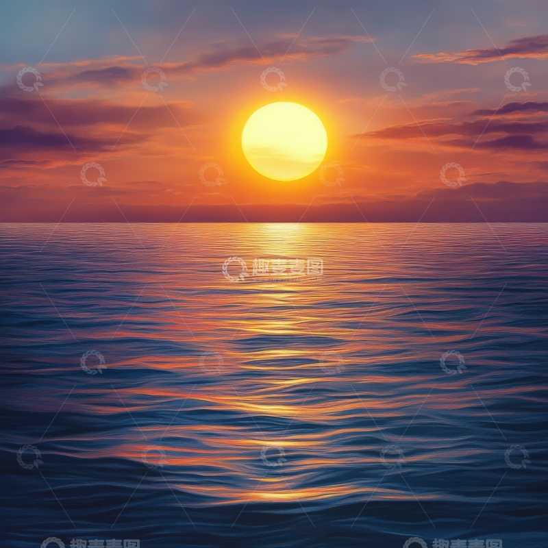 高清大图下载【趣麦麦图】夕阳映照海面的宁静景象