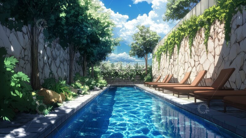 高清大图下载【趣麦麦图】宁静的私人泳池与绿植环绕