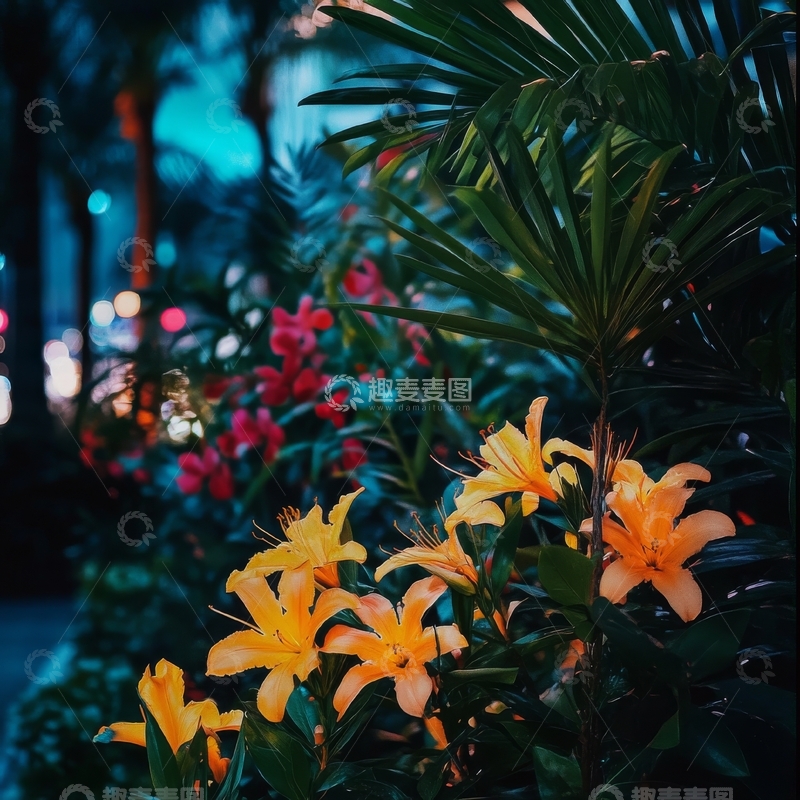高清大图下载【趣麦麦图】夜色中的橙色花朵与绿植