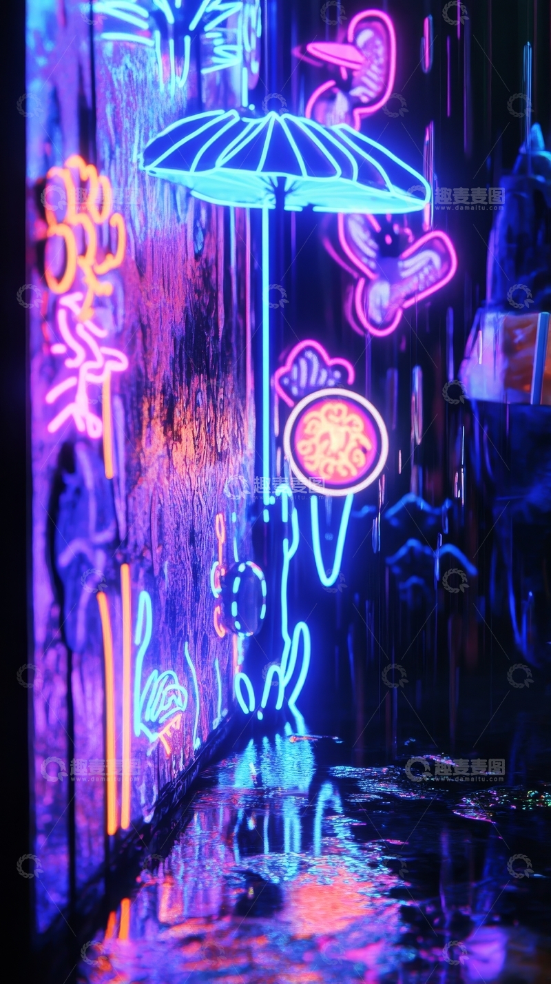 高清大图下载【趣麦麦图】霓虹灯下的雨中景象
