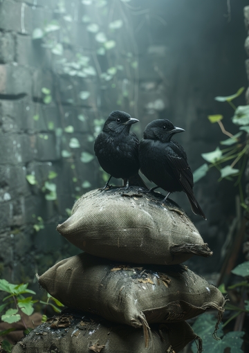 两只乌鸦栖息在石墙旁的麻袋上