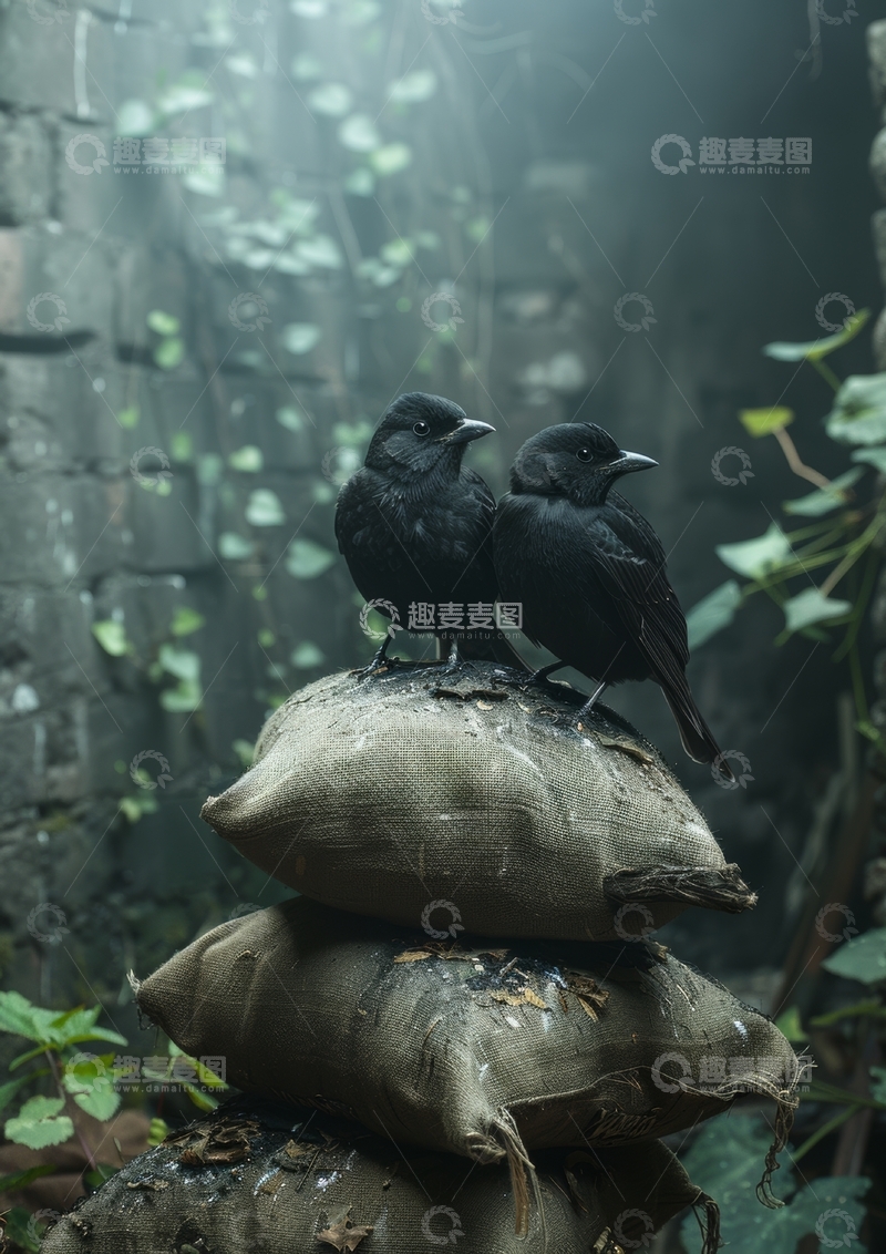 高清大图下载【趣麦麦图】两只乌鸦栖息在石墙旁的麻袋上