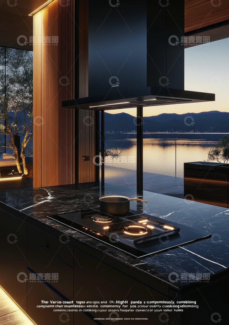 高清大图下载【趣麦麦图】现代厨房与湖景的完美融合