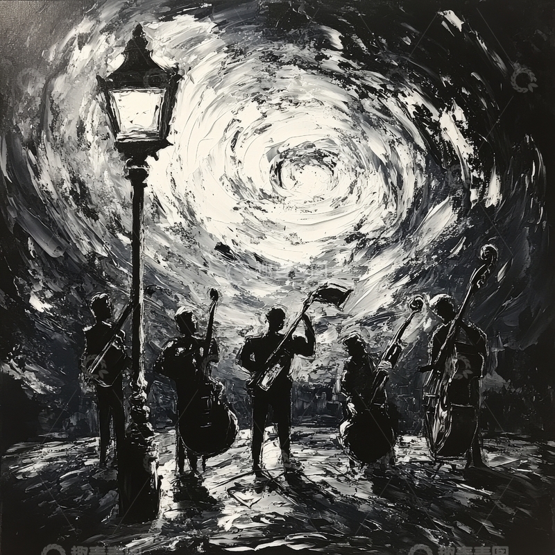 高清大图下载【趣麦麦图】街灯下的低音提琴演奏者