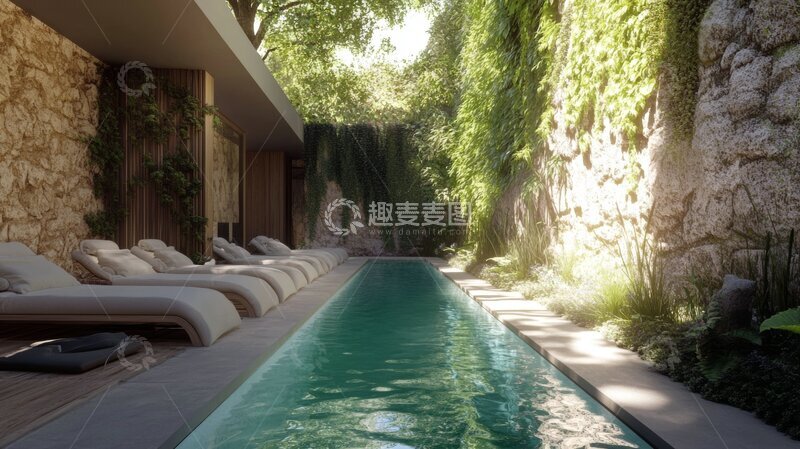 高清大图下载【趣麦麦图】绿植环绕的泳池与躺椅