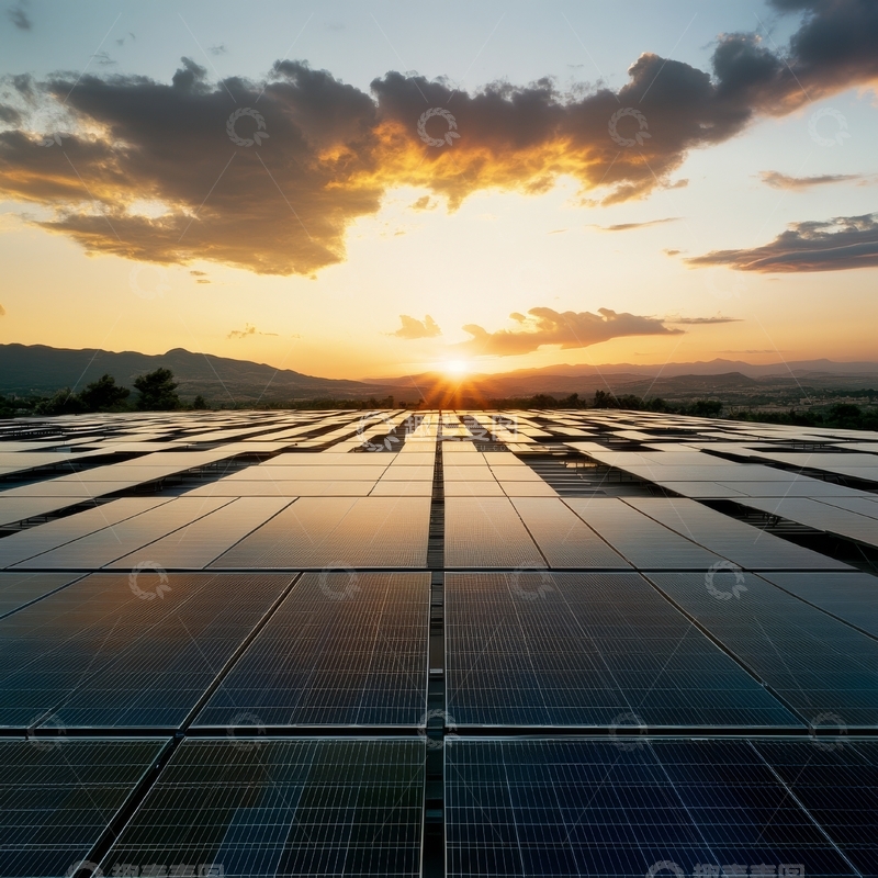 高清大图下载【趣麦麦图】日落时分的太阳能板阵列