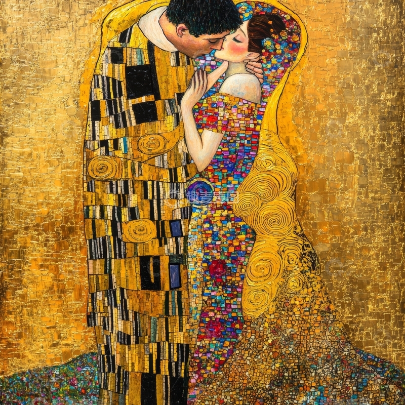 高清大图下载【趣麦麦图】金色背景下的情侣亲吻