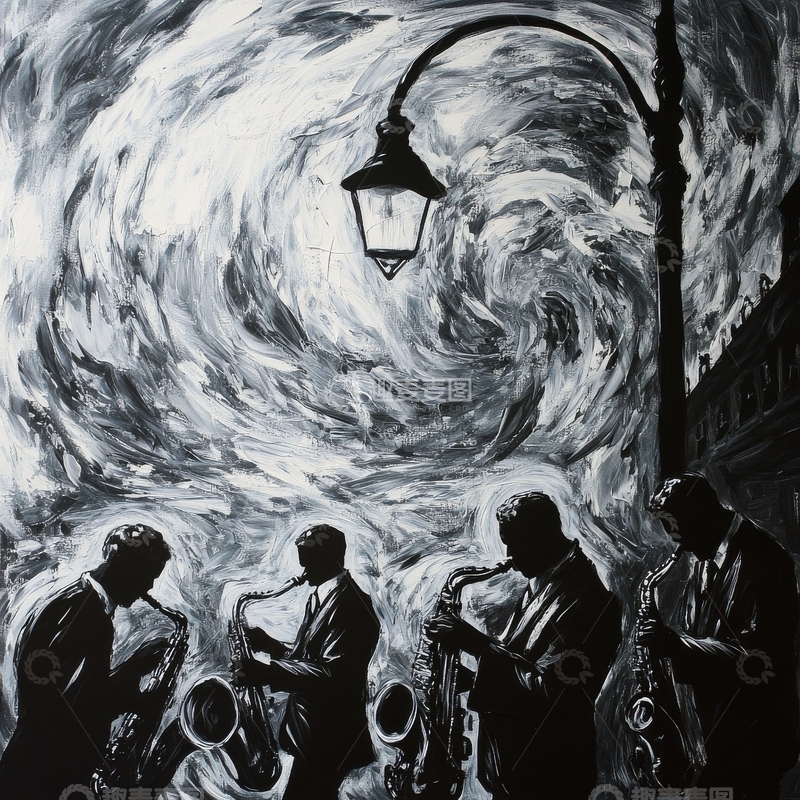 高清大图下载【趣麦麦图】街灯下的爵士乐手